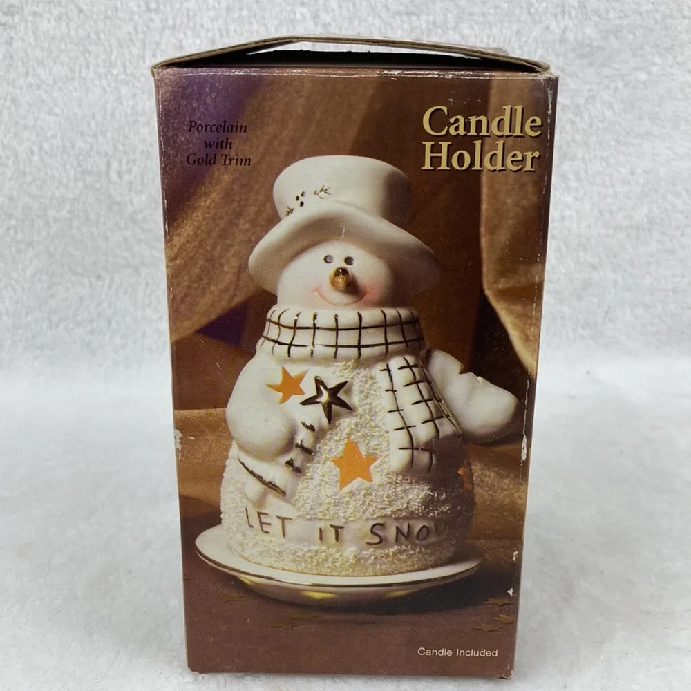 Christmas Let It Snow Ceramic Snowman Tea Light Holder with Plate NIB